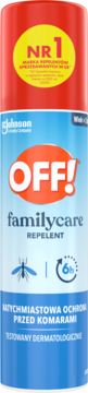 Czerwono-niebieski spray OFF! FamilyCare, repelent do 6h ochrony przed komarami, widok z przodu.