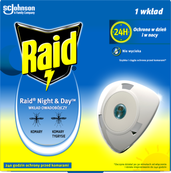 Raid Night & Day wkład owadobójczy na komary, niebiesko-żółte opakowanie z białym dyfuzorem, widok z przodu.