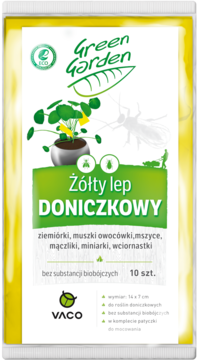 Żółty lep doniczkowy Vaco Green Garden, opakowanie 10 szt. na owady, biało-zielona etykieta, widok z przodu.