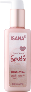 Isana Glamorous Sparkle Handlotion, różowa butelka z pompką, z jaśminem, edycja limitowana, widok z przodu.
