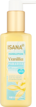Isana Handlotion Vanilla Paradise w żółtej butelce z pompką, widok z przodu. Słodki zapach wanilii.