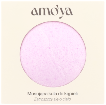 Amo'ya musująca kula do kąpieli, różowa, z bergamotką i kwiatem wiśni, widok z góry na beżowym tle.