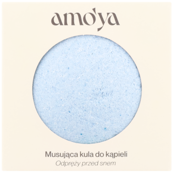 Amo'ya kula do kąpieli jaśmin-mirabelka, jasnoniebieska, okrągła, na kremowym opakowaniu, widok z przodu.