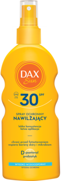 DAX Sun SPF 30 nawilżający spray ochronny, żółta butelka z pompką, wodoodporny, widok z przodu.