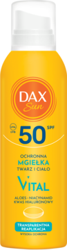 DAX Sun SPF 50 ochronna mgiełka do twarzy i ciała w żółtej butelce ze sprayem, widok z przodu.
