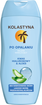 Kolastyna balsam nawilżający po opalaniu, jasnoniebieska butelka z aloesem i kwasem hialuronowym, widok z przodu.