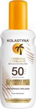 Kolastyna Emulsja do opalania SPF 50, biała butelka z pomarańczową nakrętką, logo palma, ochrona 4D.