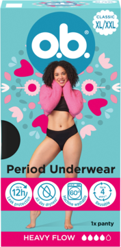 o.b. Classic Period Underwear XL/XXL Heavy Flow, opakowanie z uśmiechniętą kobietą w czarnych majtkach.
