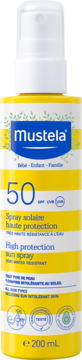 Mustela spray słoneczny SPF 50+, wysoka ochrona dla dzieci i rodziny. Biało-żółta butelka z atomizerem, widok z przodu.