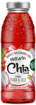Orzeźwiający napój Naturio Chia Seeds Pitaja & Liczi, czerwony, bez cukru, w butelce, widok z przodu.