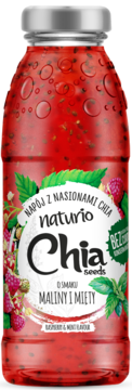 Naturio napój chia malina-mięta w przezroczystej butelce z czerwoną zawartością i srebrną zakrętką, widok z przodu.