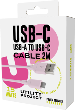 Kabel USB-A do USB-C Utility Project 2M, 15W, w biało-różowym opakowaniu z grafiką kabla, widok z przodu.