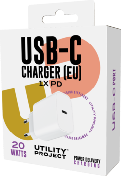 UTILITY PROJECT ,ładowarka, 1 port typu USB-C, biała, 20w,przód
