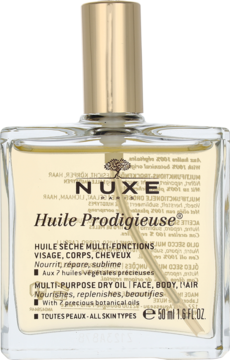 NUXE Huile Prodigieuse, suchy olejek w przejrzystej butelce 50ml ze złotym korkiem, widok z przodu. Widoczny opis produktu.
