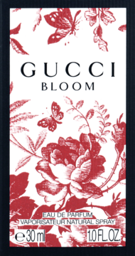 Damska woda perfumowana Gucci Bloom, próbka 30ml. Biała karta z czerwonymi kwiatami i motylami, czarna ramka, przód.