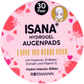 Różowe, okrągłe opakowanie Isana Hydrogel Augenpads I Love You Berry Much, 30 par, z truskawkami, widok z przodu.