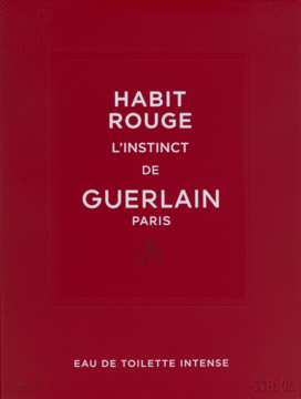 Czerwone, matowe opakowanie Guerlain Habit Rouge L'instinct Eau de Toilette Intense z białym napisem, widok z przodu.