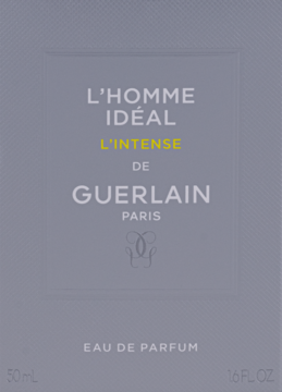 Szare opakowanie Guerlain L'Homme Idéal L'Intense męskiej wody perfumowanej, z wytłoczonym logo i żółtym napisem, widok z przodu.