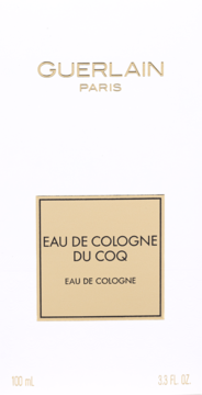 Białe pudełko Guerlain Eau De Cologne Du Coq 100ml, ze złotym logo i beżową etykietą, widok frontalny.