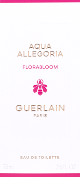 Białe pudełko Guerlain Aqua Allegoria Florabloom Eau de Toilette 75ml, z różową pszczołą, widok z przodu.