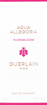 Białe opakowanie Guerlain Aqua Allegoria Florabloom woda toaletowa, różowa pszczoła i napisy, widok frontalny.