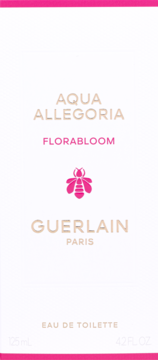 Przednia strona białego pudełka Guerlain Aqua Allegoria Florabloom Eau de Toilette, beżowy tekst, różowe akcenty i logo pszczoły.