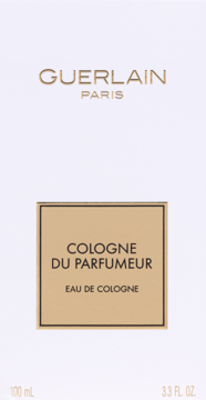 Białe opakowanie Guerlain Cologne Du Parfumeur z złotymi napisami i złotą etykietą, widok z przodu.