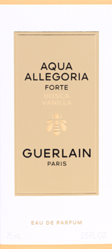 Beżowe pudełko perfum Guerlain Aqua Allegoria Forte Bosca Vanilla, czarne napisy, złoty akcent i pszczoła.