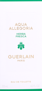 Białe opakowanie wody toaletowej Guerlain Aqua Allegoria Herba Fresca z zielonym i złotym napisem, widok z przodu.