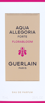 Woda perfumowana Guerlain Aqua Allegoria Florabloom Forte, beżowe pudełko z różową pszczołą i napisem, widok z przodu.
