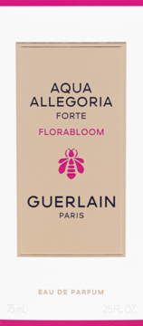 Beżowe pudełko perfum Guerlain Aqua Allegoria Forte Florabloom Eau de Parfum 75ml, różowe logo pszczoły, widok z przodu.
