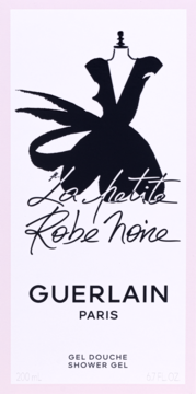 Guerlain La Petite Robe Noire żel pod prysznic. Biała etykieta z ilustracją czarnej sukienki, widok z przodu.