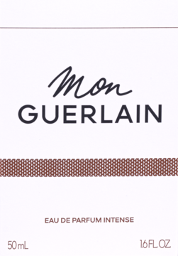 Mon Guerlain Eau de Parfum Intense, białe opakowanie z brązowymi napisami, widok z przodu, 50ml.