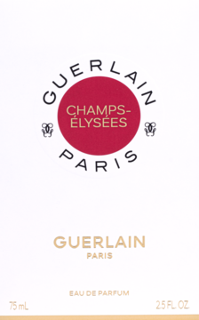 Białe opakowanie Guerlain Champs-Élysées Eau de Parfum 75ml, z czerwonym logo i złotym napisem, widok z przodu.