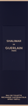 Opakowanie Guerlain Shalimar Eau de Toilette Spray Refill, ciemnoniebieskie z złotymi napisami, widok z przodu.