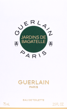 Guerlain Jardins de Bagatelle Eau de Toilette, białe opakowanie z zielonym logo, 75ml, widok z przodu.