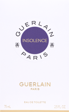 Białe opakowanie Guerlain Insolence Eau de Toilette 75ml z fioletowym logo i złotym napisem na froncie.