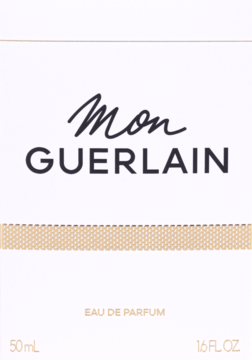 Białe opakowanie Guerlain Mon Guerlain Eau de Parfum, czarne logo, złoty wzór i napis 50ml, widok z przodu.