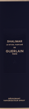 Damski dezodorant perfumowany Guerlain Shalimar spray w granatowym opakowaniu, z przodu złoty napis.