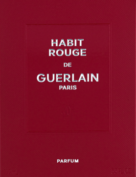 Czerwone, teksturowane opakowanie perfum męskich Guerlain Habit Rouge, ze srebrnymi napisami, widok z przodu.