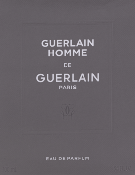 Szare, prostokątne opakowanie Guerlain Homme de Guerlain Eau de Parfum 100 ml z białymi napisami na froncie.