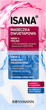 Isana Dwuetapowa Maseczka: peeling AHA+PHA i maseczka hialuronowa. Frontalny widok różowo-niebieskiej saszetki.