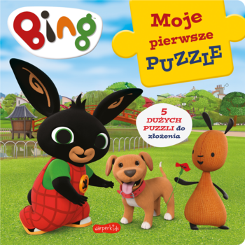 Książka-układanka Bing Moje pierwsze PUZZLE, kolorowa okładka z Bingiem, psem i Flopem w parku, na żółtej puzzle ramce tytuł.