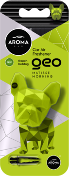 Zielony odświeżacz powietrza Aroma Car Geo Matisse Morning, w kształcie geometrycznego buldoga francuskiego, w opakowaniu.