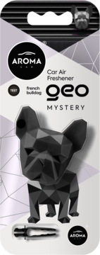 Odświeżacz powietrza Aroma Car Geo Mystery, czarny geometryczny buldog francuski. Widok z przodu opakowania.