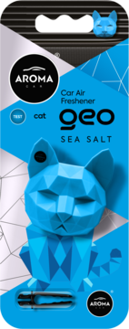 Niebieski, geometryczny odświeżacz powietrza Aroma Car Geo w kształcie kota, zapach Sea Salt, widok z przodu w opakowaniu.