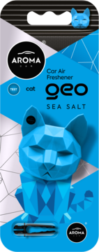 Niebieski, geometryczny odświeżacz powietrza Aroma Car Geo w kształcie kota, zapach Sea Salt, widok z przodu w opakowaniu.