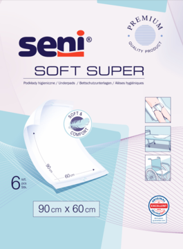 Seni Soft Super podkłady higieniczne premium 90x60cm, opakowanie z wizualizacją chłonnej wkładki.