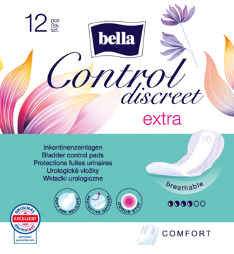 Opakowanie wkładek urologicznych Bella Control Discreet Extra, 12 sztuk, 5/8 chłonności, oddychające.