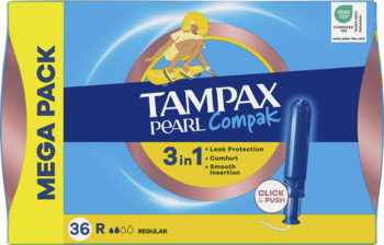 Tampax Pearl Compak Mega Pack 36 Regular, niebieskie opakowanie z widocznym aplikatorem i hasłem 3w1, widok z przodu.